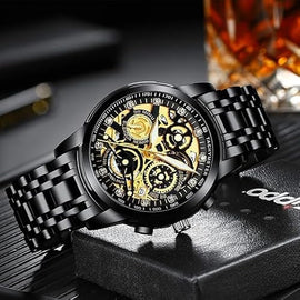 Watches for Men with Stainless Steel, Quartz Analog Watch with Date, Luxury Minimalist Dress Mens Watches, Chronograph Watch, 3ATM Waterproof, Black Wristwatch, Gifts for Men