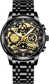 Watches for Men with Stainless Steel, Quartz Analog Watch with Date, Luxury Minimalist Dress Mens Watches, Chronograph Watch, 3ATM Waterproof, Black Wristwatch, Gifts for Men