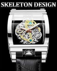 Men's Luxury Hollow Skeleton Watch Retro Gorgeous Gear Carving Design Rectangle Tonneau Large Dial Leather Belt & Stainless Steel Band Quartz Wristwatch Not Mechanical Watches