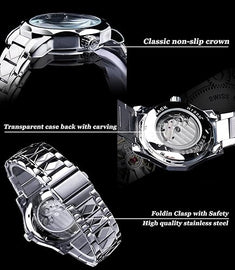 Men's Skeleton Automatic Mechanical Watch with Diamond-Cut 12-Sided Bezel & Exposed Gears & Tourbillon Design, Unique Rhombus-Link Stainless Steel Bracelet Self-Wind Wristwatch
