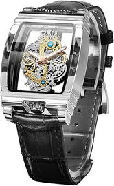 Men's Luxury Hollow Skeleton Watch Retro Gorgeous Gear Carving Design Rectangle Tonneau Large Dial Leather Belt & Stainless Steel Band Quartz Wristwatch Not Mechanical Watches