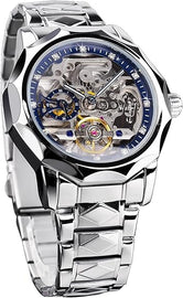 Men's Skeleton Automatic Mechanical Watch with Diamond-Cut 12-Sided Bezel & Exposed Gears & Tourbillon Design, Unique Rhombus-Link Stainless Steel Bracelet Self-Wind Wristwatch
